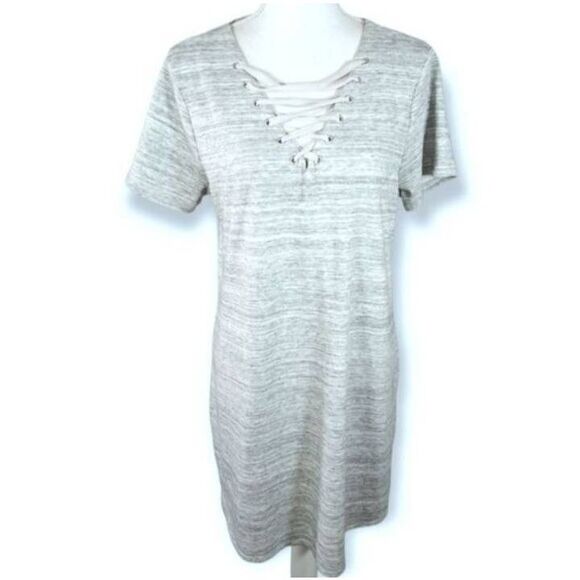 NEW YORK & COMPANY GRAY LACE UP TEE-SHIRT DRESS SZ.L EUC. - Picture 2 of 8